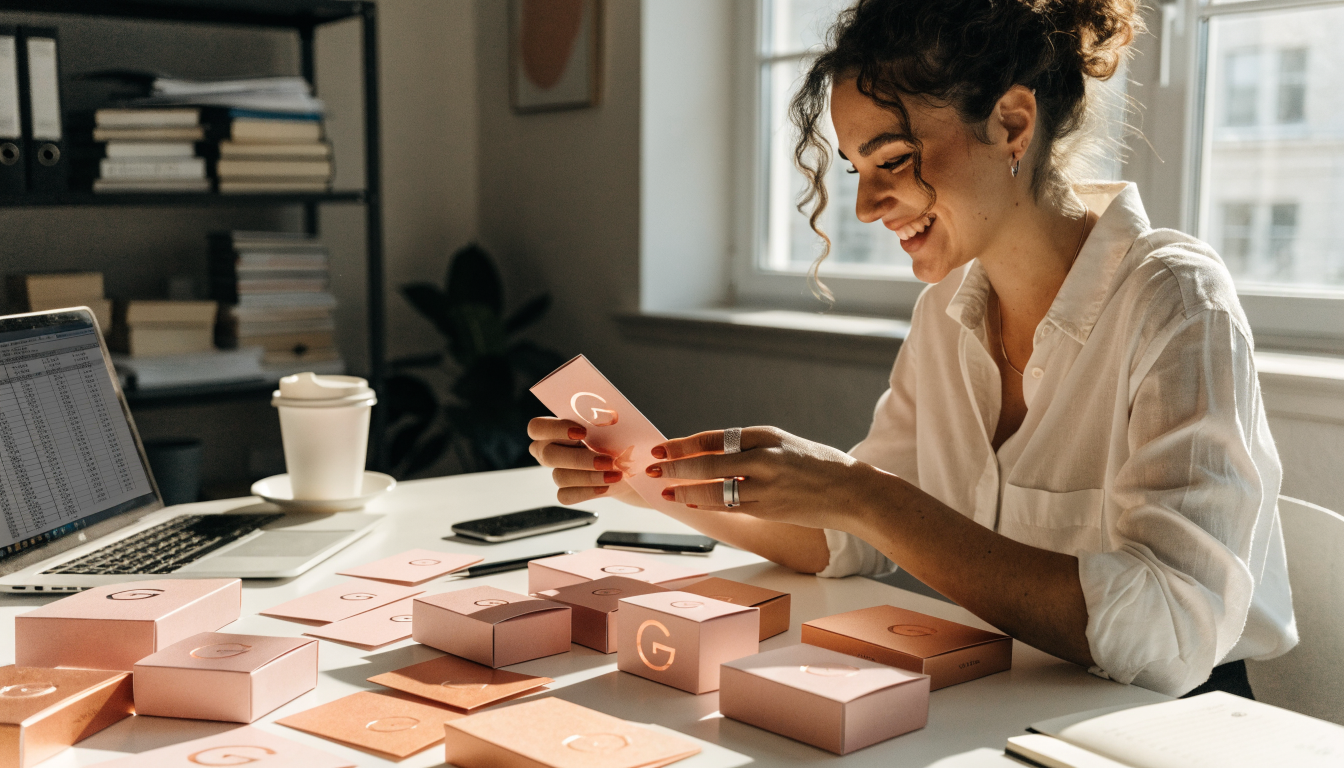 Entrepreneur inspecting custom cosmetics packaging