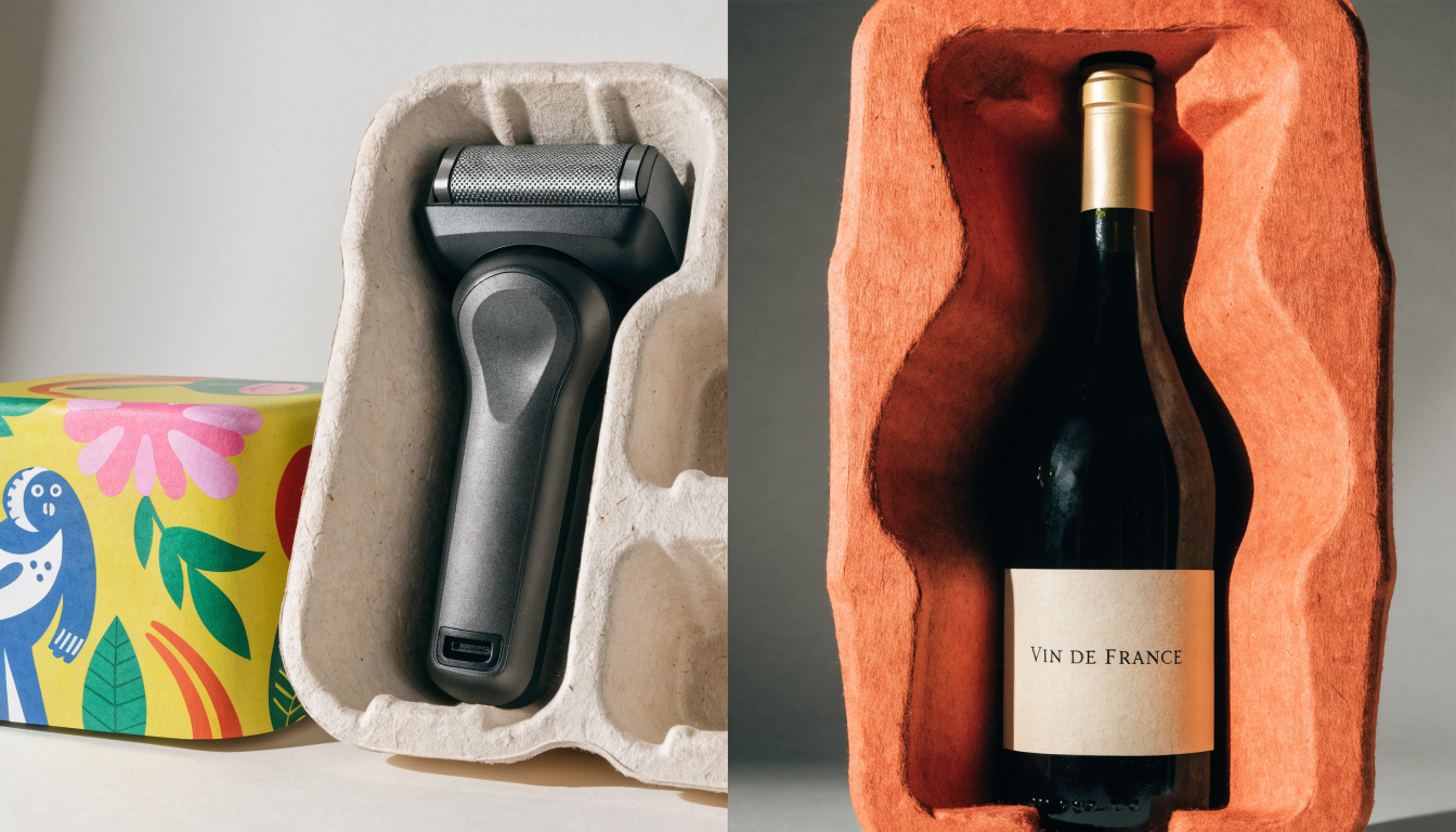 Molded pulp packaging protecting electronics and wine