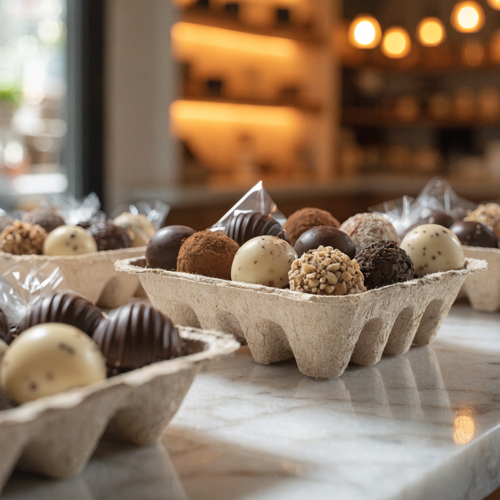 Molded fiber press tray holding chocolates